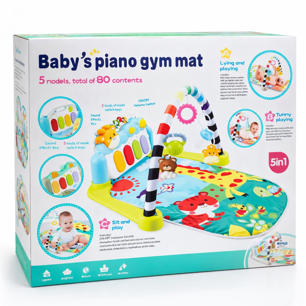Baby’s Piano Gym Mat – 5-in-1 Musical Activity Play Mat with Piano, Hanging Toys & Mirror for Infants (0+ Months)
