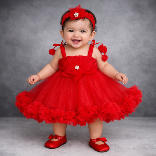 VANILLA Baby Girl Frock – Red Party Tulle Dress with Headband (6–24 Months)