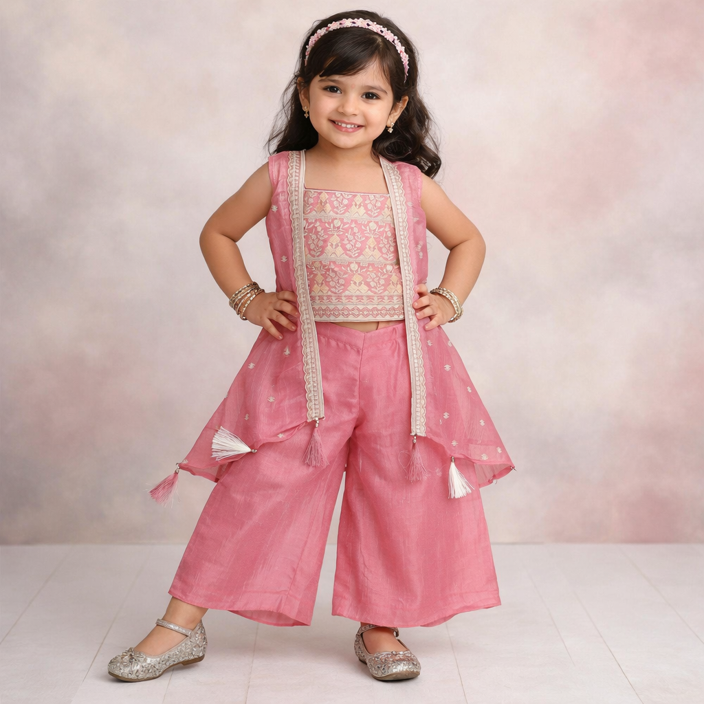 SPARKLE Girls Sharara Set – Peach Embroidered Festive Wear (Ages 3–9 Years)