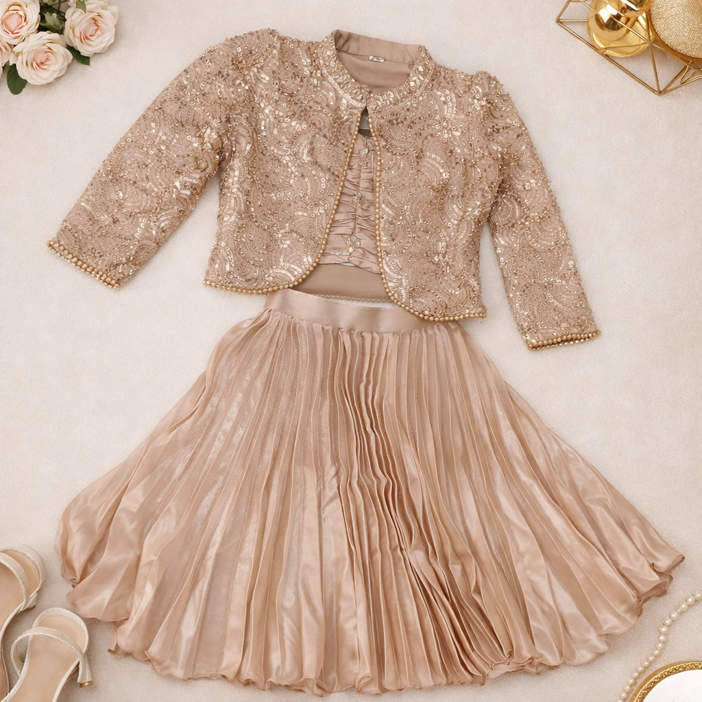 MISHA Girls Top Choli Set with Embellished Jacket & Pleated Lehenga – Party Wear (3–12 Years)