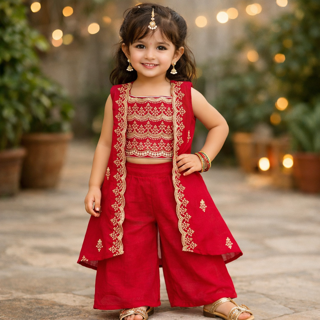 SPARKLE Girls Sharara Set – Red Embroidered Festive Wear (Ages 3–9 Years)