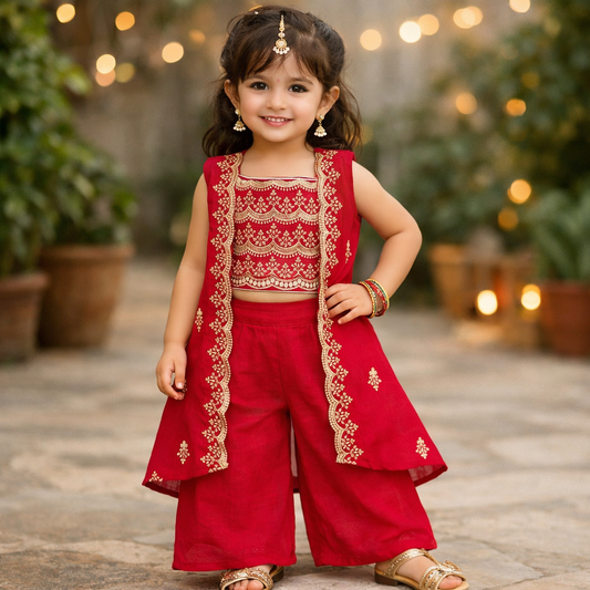 SPARKLE Girls Sharara Set – Red Embroidered Festive Wear (Ages 3–9 Years)