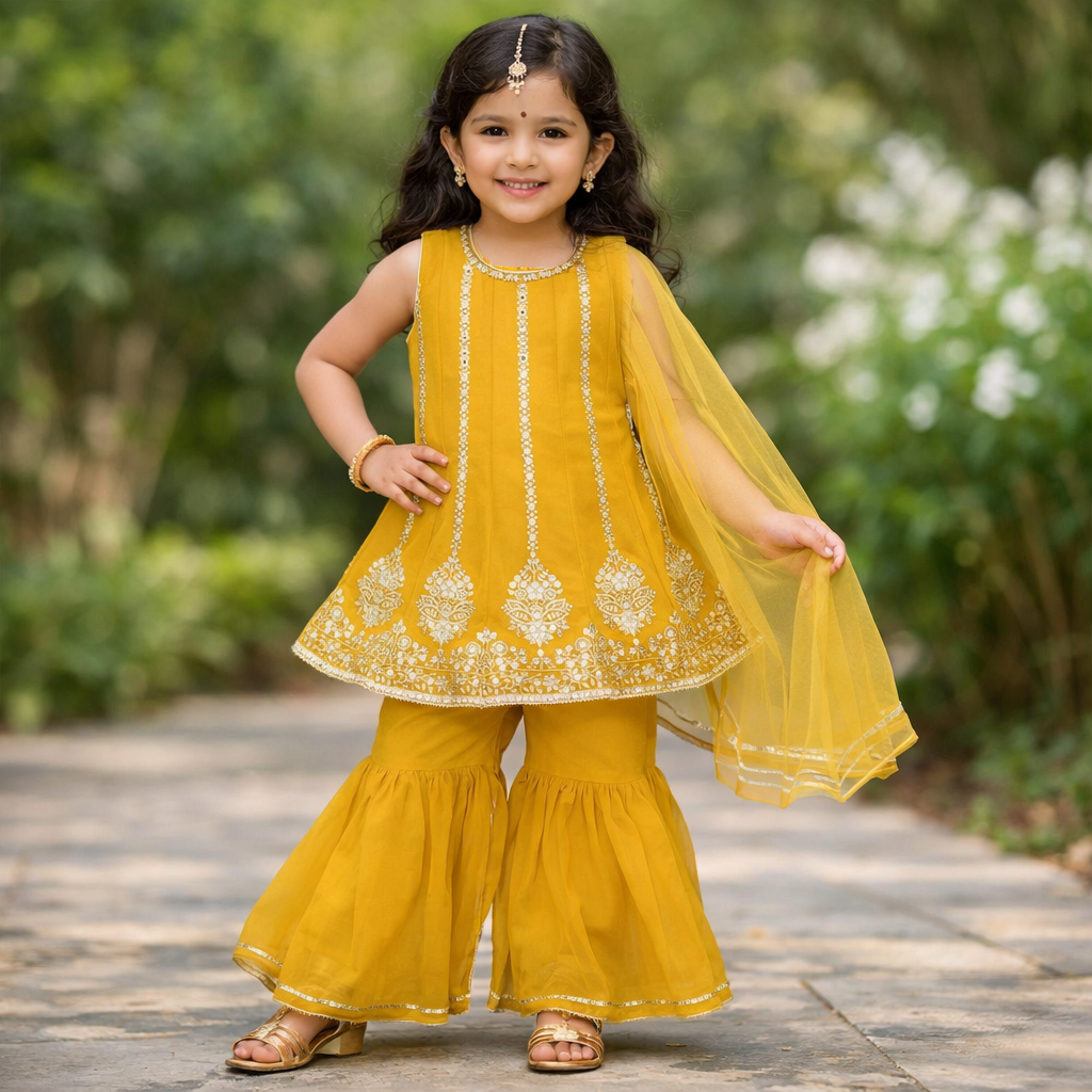 SPARKLE Girls Sharara Set – Lemon Color | Festive & Party Wear for Girls (3–14 Years)