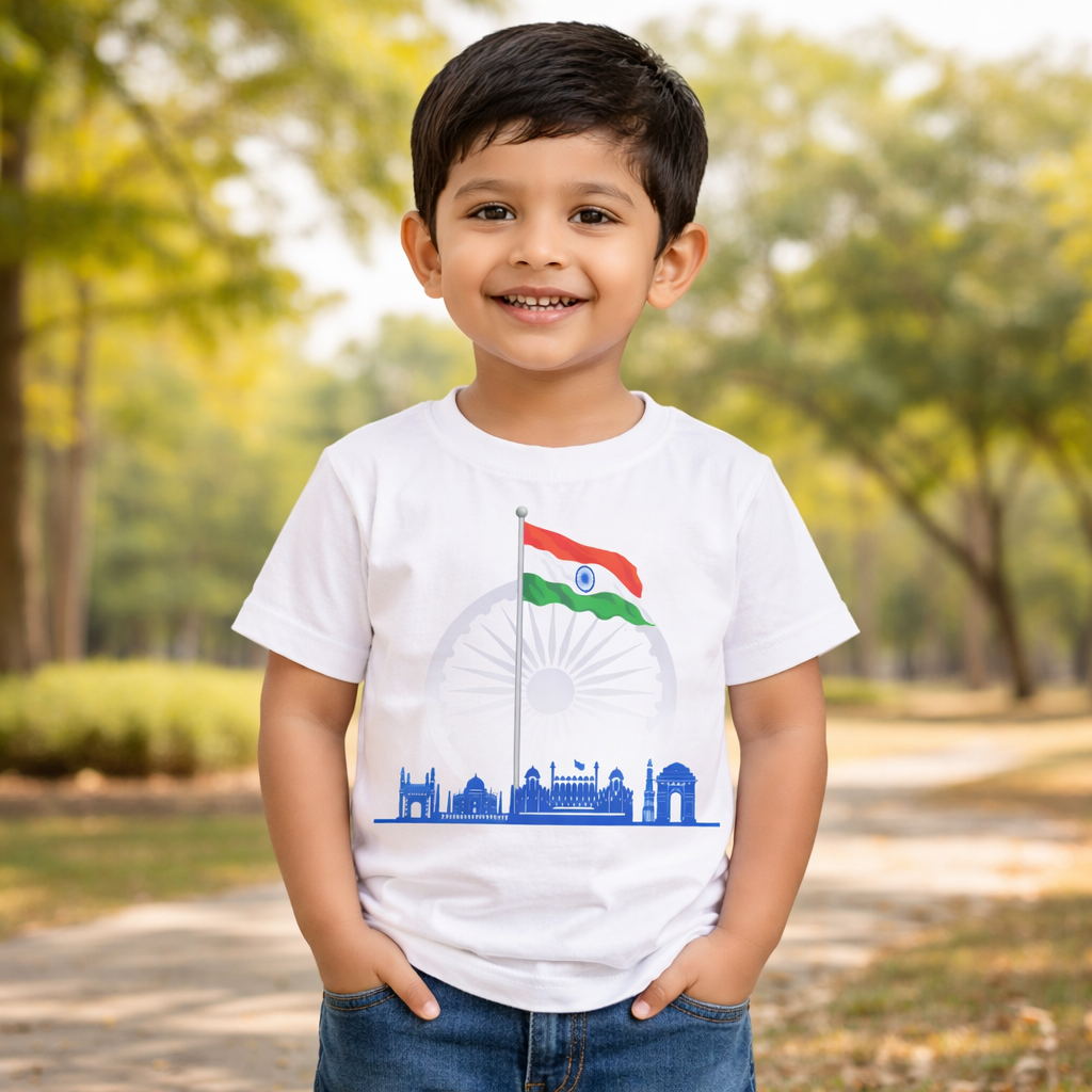 TRIKI Boys Republic Day Special T-Shirt – Tricolor Flag & Monument Print, White | 12 Months–9 Years