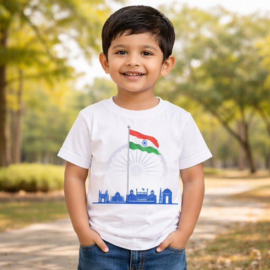 TRIKI Boys Republic Day Special T-Shirt – Tricolor Flag & Monument Print, White | 12 Months–9 Years