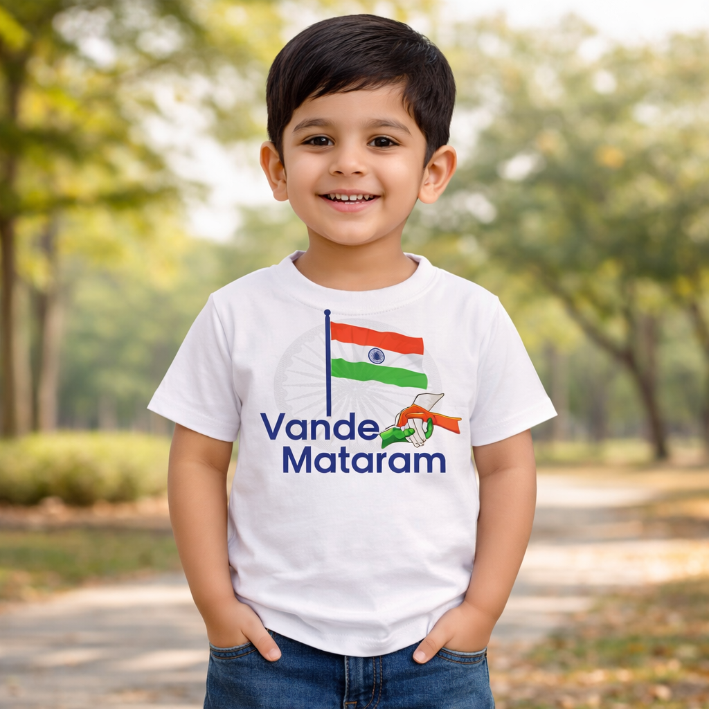 TRIKI Boys Republic Day Special T-Shirt – Vande Mataram Tricolor Print, White | 12 Months–9 Years