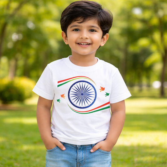 TRIKI Boys Republic Day Special T-Shirt – Tricolor Wheel Print, White | 12 Months–9 Years