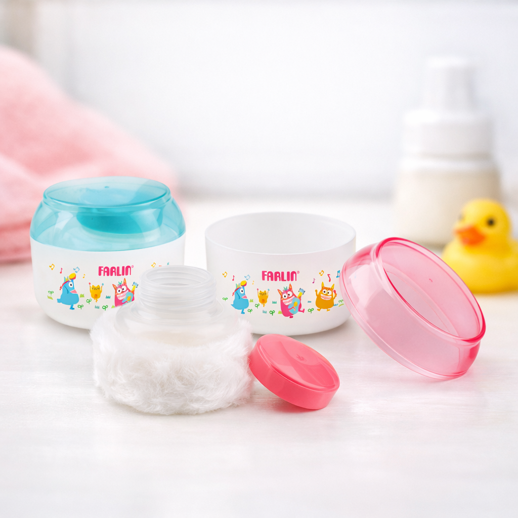 Farlin Free-Drop Baby Powder Puff with Built-in Powder Case | Soft Feather Touch | Two Colors (Pink & Blue)