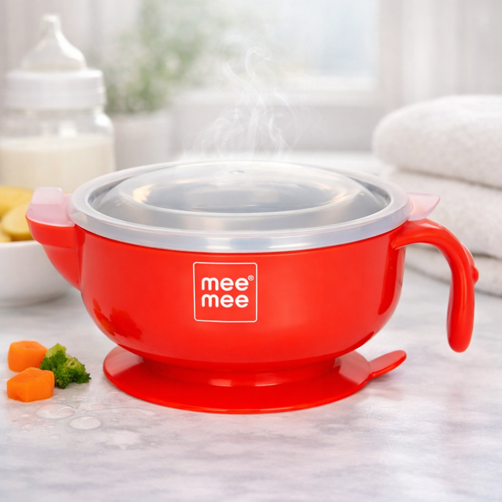 Mee Mee Insulated Baby Feeding Bowl with Handle & Lid (Red) – Stainless Steel Inner, BPA Free, Keeps Food Warm for 30 Minutes