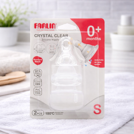 Farlin Crystal Clear Silicone Nipple (2 pcs) – Anti-Colic, BPA-Free, Standard Neck (0+ / 3+ / 6+ / 9+ Months)