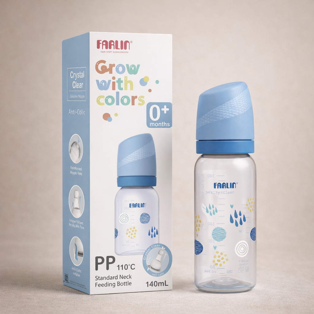 Farlin PP Standard Neck Feeding Bottle (Pink & Blue) | BPA-Free, Anti-Colic | Crystal Clear Silicone Nipple | 0+ / 3+ Months (140ml / 240ml)