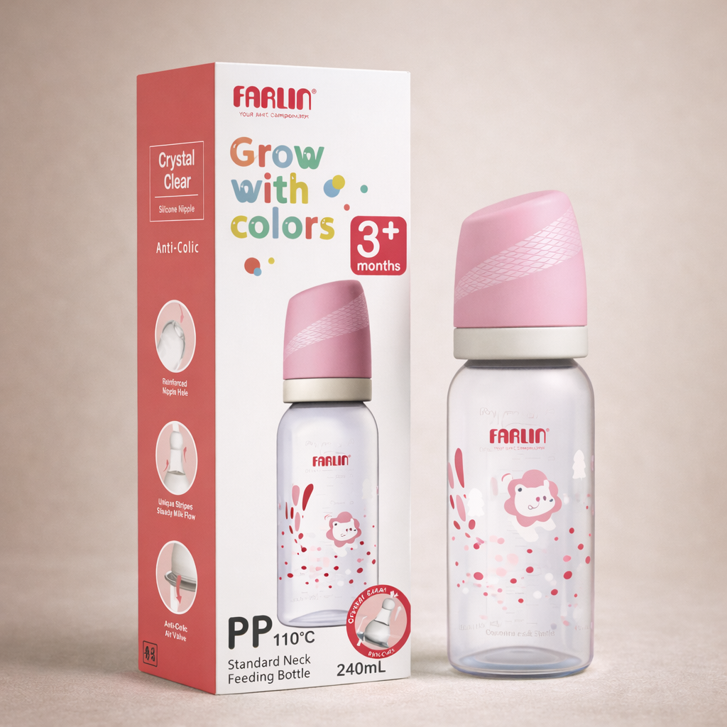 Farlin PP Standard Neck Feeding Bottle (Pink & Blue) | BPA-Free, Anti-Colic | Crystal Clear Silicone Nipple | 0+ / 3+ Months (140ml / 240ml)