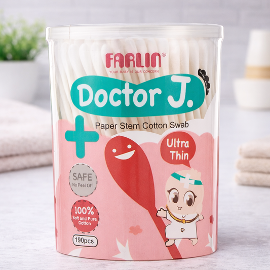 Farlin Doctor J. Ultra Thin Cotton Swabs for Babies (190 pcs, Paper Stem, 100% Pure Cotton, Safe No-Peel Design)