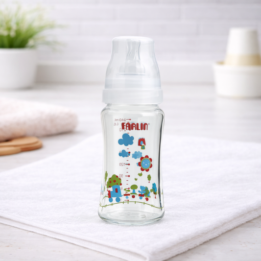 Farlin Crystal Clear Borosilicate Glass Baby Feeding Bottle (240 ml / 8 oz, Wide Neck, Anti-Colic, BPA-Free, 6M+)