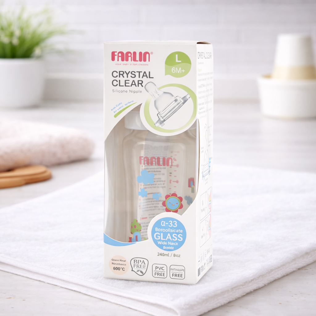 Farlin Crystal Clear Borosilicate Glass Baby Feeding Bottle (240 ml / 8 oz, Wide Neck, Anti-Colic, BPA-Free, 6M+)