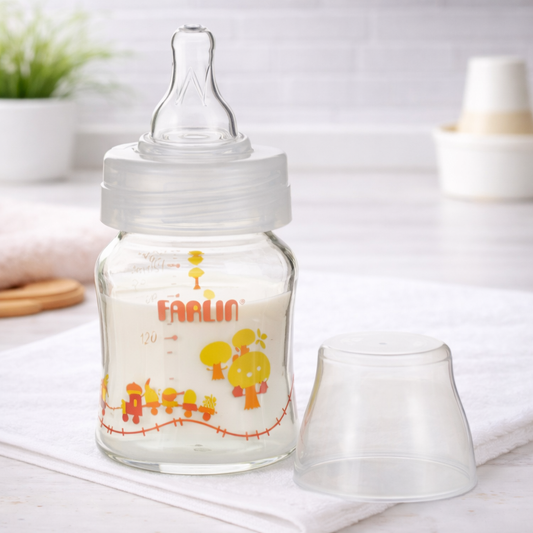 Farlin Crystal Clear Borosilicate Glass Baby Feeding Bottle (120 ml / 4 oz, Wide Neck, Anti-Colic, BPA-Free)
