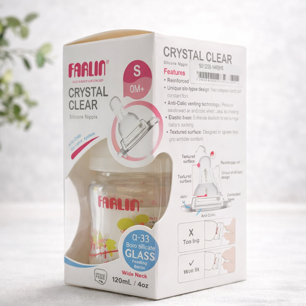 Farlin Crystal Clear Borosilicate Glass Baby Feeding Bottle (120 ml / 4 oz, Wide Neck, Anti-Colic, BPA-Free)