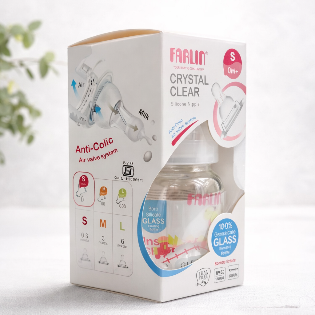 Farlin Crystal Clear Borosilicate Glass Baby Feeding Bottle (120 ml / 4 oz, Wide Neck, Anti-Colic, BPA-Free)