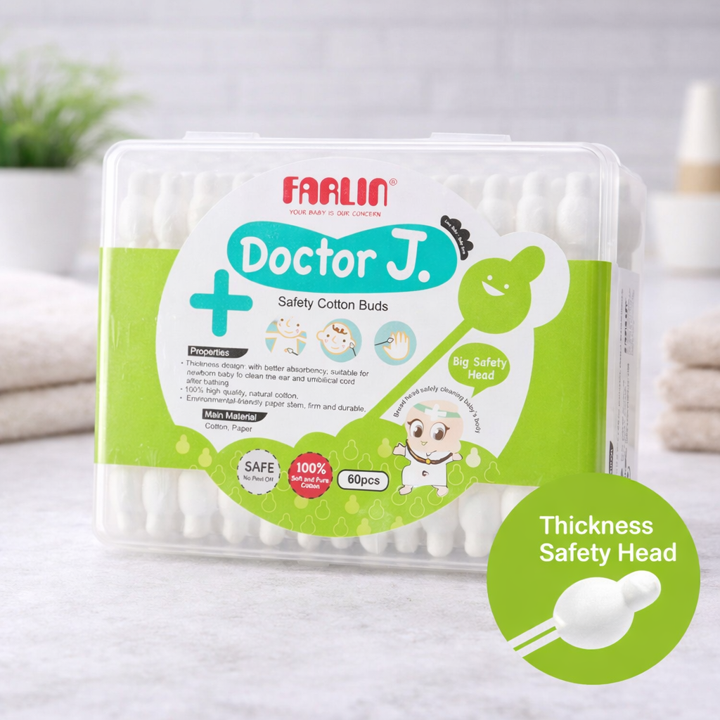 Farlin Doctor J. Safety Cotton Buds for Babies (60 pcs, Big Safety Head, 100% Pure Cotton, Paper Stem)