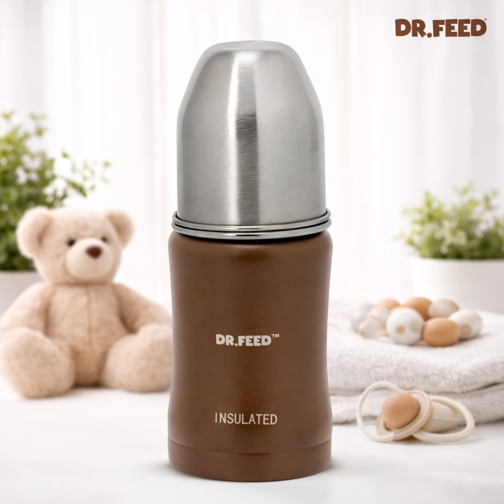 ADORE Dr. Feed Majestique Insulated Stainless Steel Feeding Bottle (180 ml) | Double Wall 304 SS | Anti-Colic Silicone Teat | Keeps Milk Hot & Cold Longer | 0+ Months | BROWN