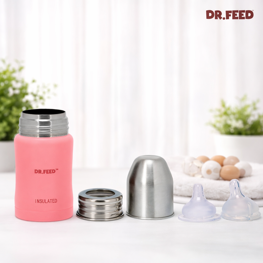 Dr. Feed Adore Insulated Stainless Steel Feeding Bottle – Orange | 180 ml | Anti-Colic Silicone Teats (2) | Double Wall