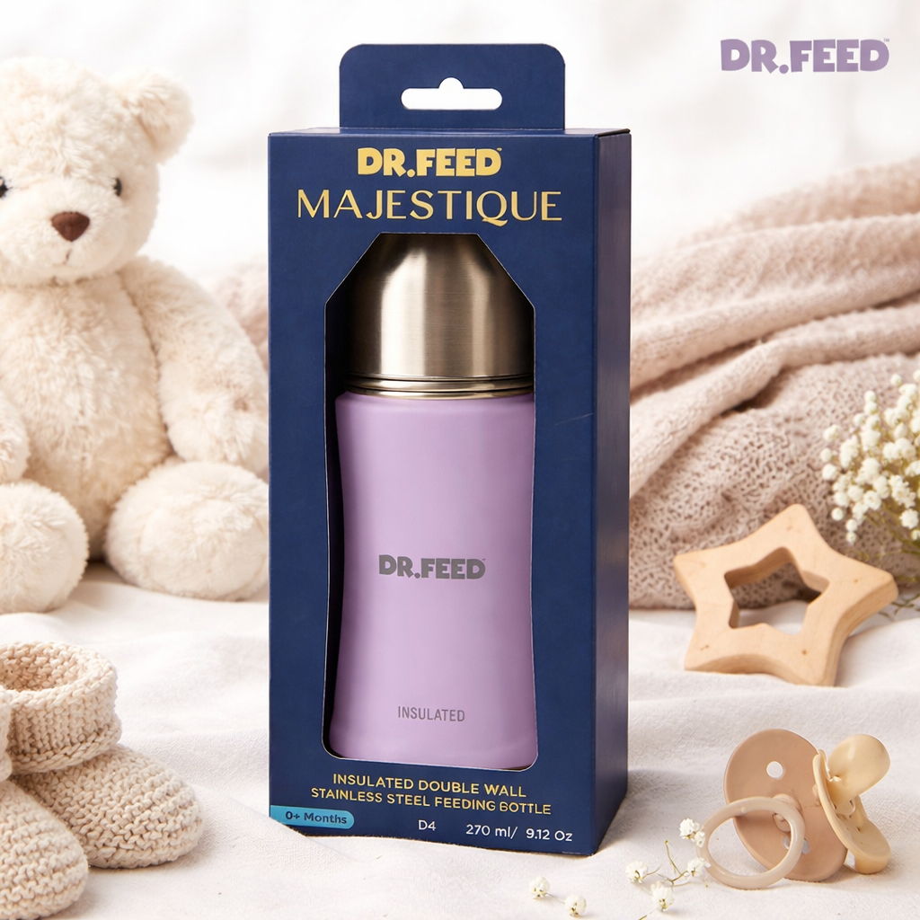 ADORE DR.FEED Majestique Insulated Stainless Steel Feeding Bottle (270 ml, Purple) | Double Wall 304 SS | Anti-Colic Silicone Teat | Keeps Milk Warm & Cold Longer