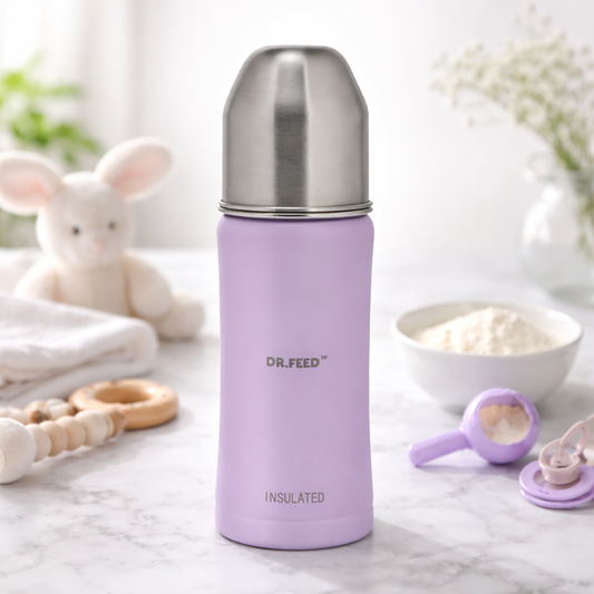 ADORE DR.FEED Majestique Insulated Stainless Steel Feeding Bottle (270 ml, Purple) | Double Wall 304 SS | Anti-Colic Silicone Teat | Keeps Milk Warm & Cold Longer