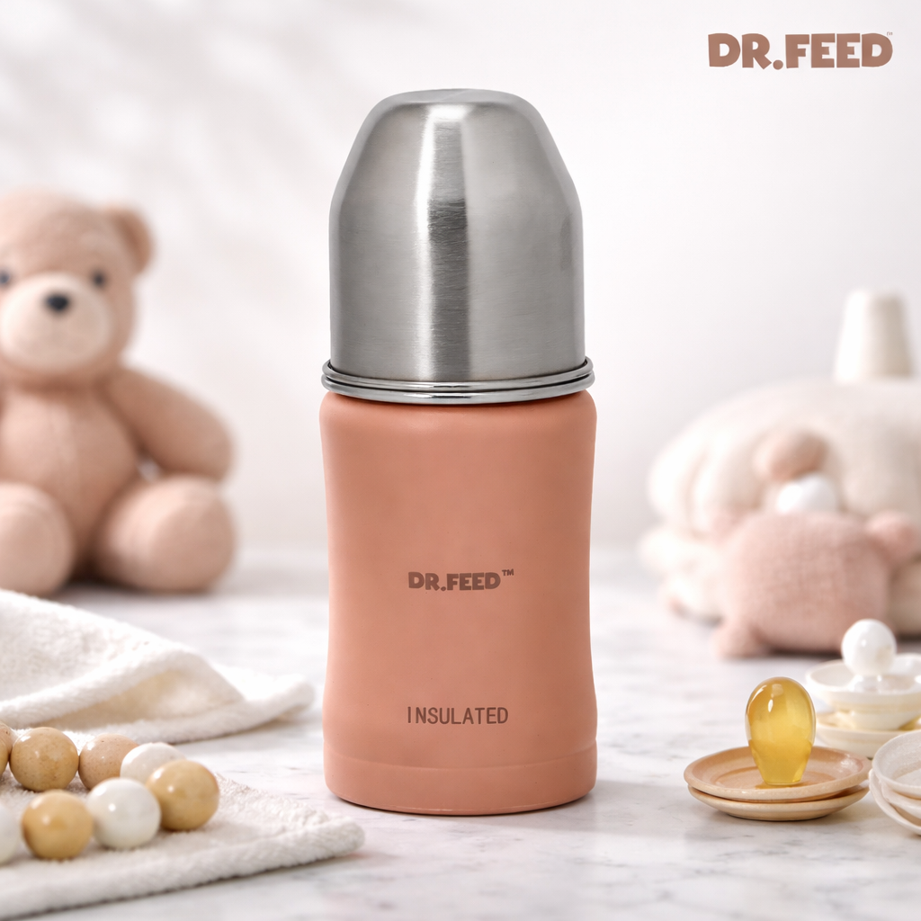 ADORÉ® Dr. Feed Majestique Insulated Double Wall Stainless Steel Feeding Bottle | 180 ml | Anti-Colic Silicone Teat | Hot & Cold Retention