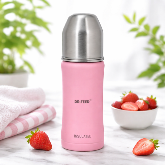 ADORE DR.FEED Majestique Insulated Stainless Steel Feeding Bottle – Pink (270 ML) | Anti-Colic Silicone Teat