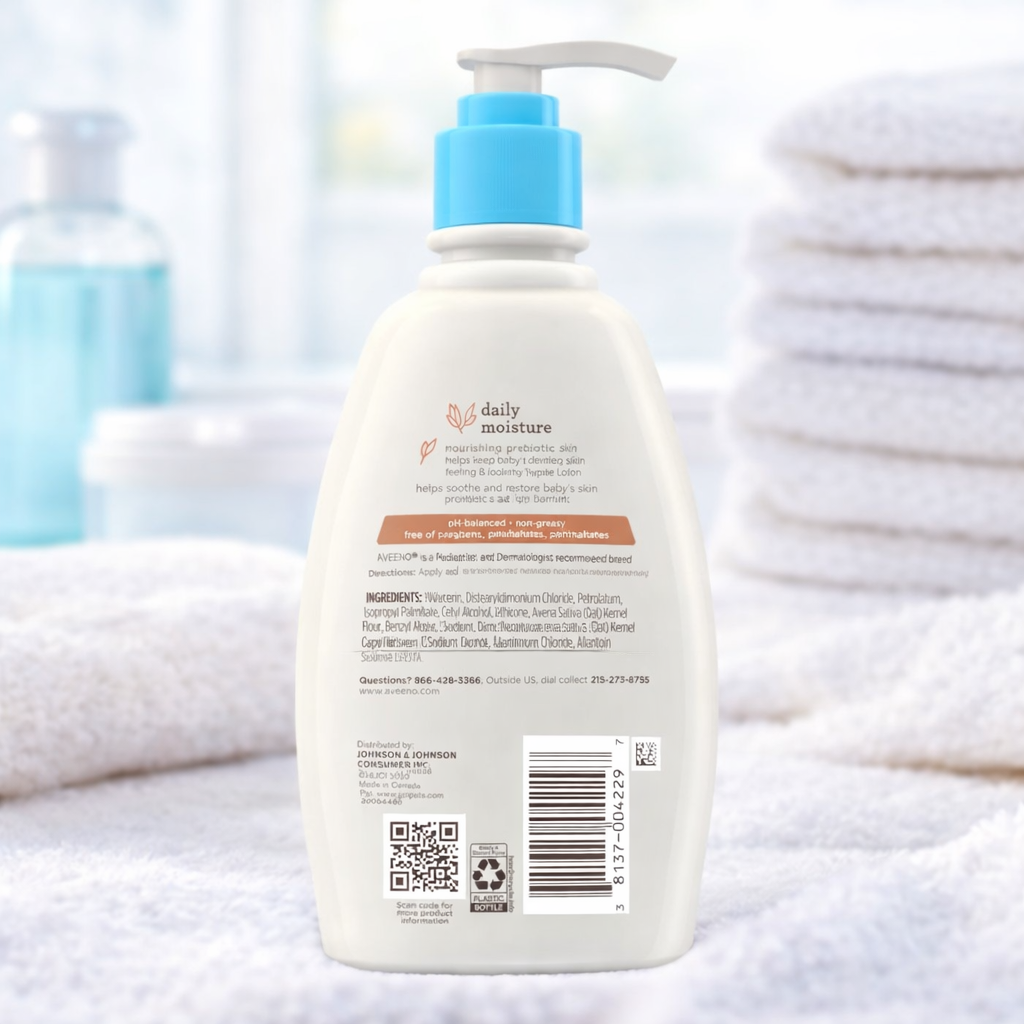Aveeno Baby Daily Moisture Lotion with Prebiotic Oat, Fragrance-Free & Hypoallergenic, 24-Hour Moisturization for Sensitive Skin, 12 fl oz (354 ml)
