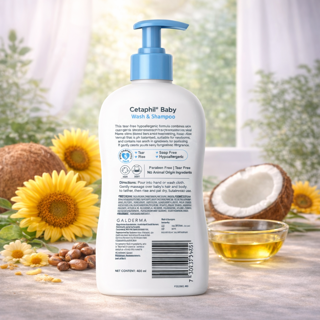 Cetaphil Baby Wash & Shampoo with Organic Calendula & Aloe Vera – Tear-Free Gentle Cleanser for Baby’s Skin & Hair, 400 ml