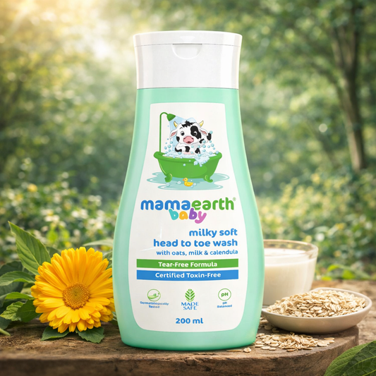 Mamaearth Baby Milky Soft Head to Toe Wash with Oats, Milk & Calendula | Tear-Free, Toxin-Free Cleanser | pH Balanced | 0+ Years | 200 ml