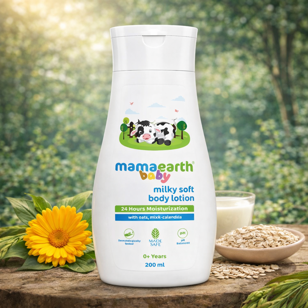 Mamaearth Baby Milky Soft Body Lotion with Oats, Milk & Calendula | 24-Hour Moisturization | Toxin-Free & pH Balanced | For Newborns & Babies (0+ Years) | 200 ml