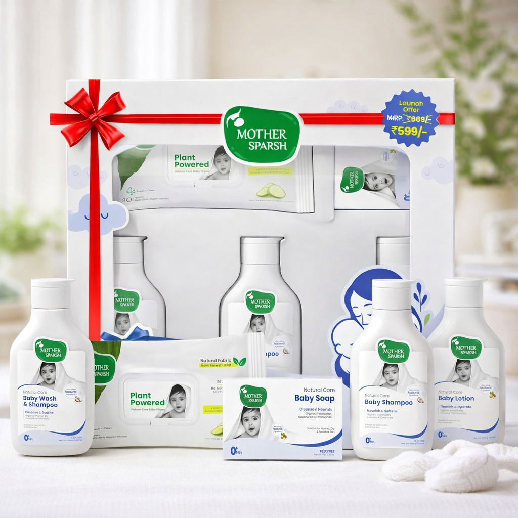 Mother Sparsh Natural Baby Care Gift Box | Baby Wash, Shampoo, Lotion, Soap & Plant-Powered Wipes | Gentle & Toxin-Free | Ideal Newborn & Baby Gift