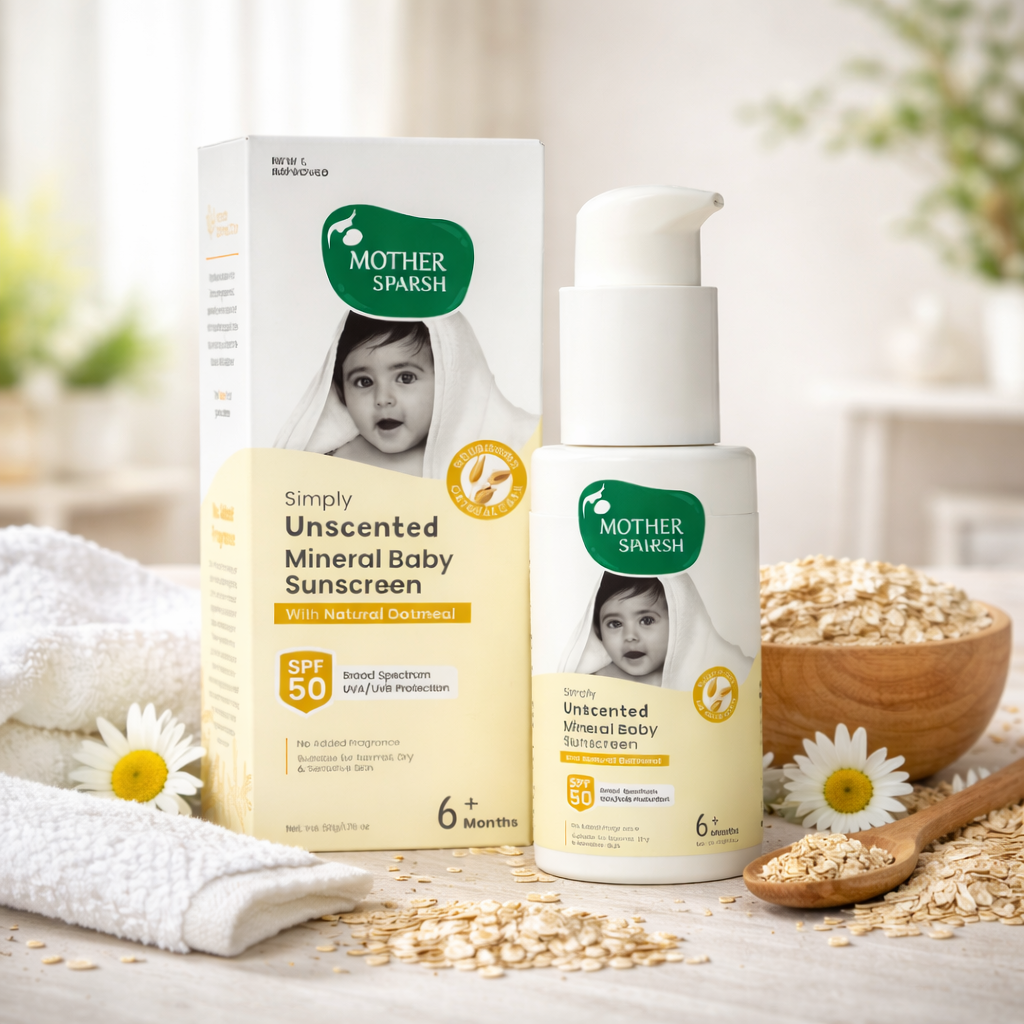 Mother Sparsh Simply Unscented Mineral Baby Sunscreen SPF 50 | With Natural Oatmeal | Broad Spectrum UVA/UVB Protection | Fragrance-Free | For Babies 6+ Months