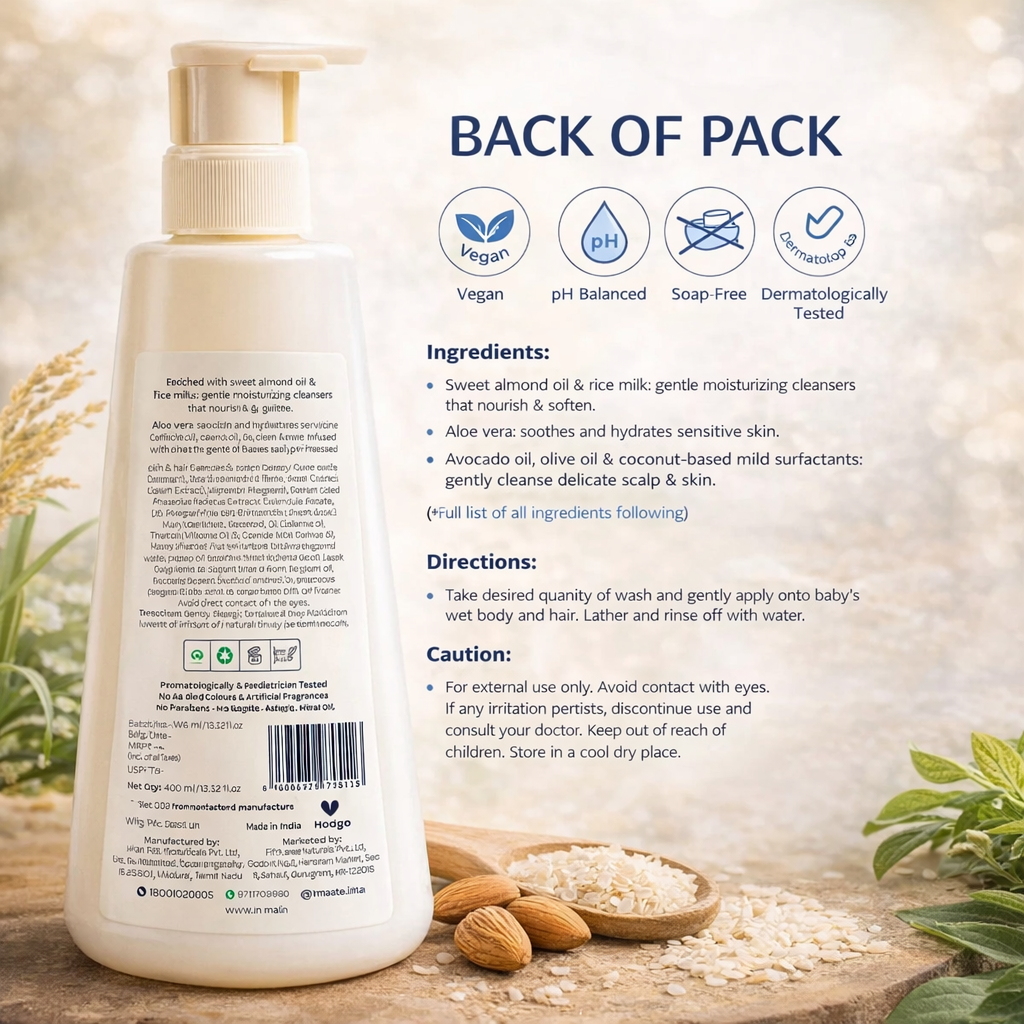 Maate Baby Head-To-Toe Wash | Rice Milk & Sweet Almond | pH Balanced, Soap-Free & Tear-Free | Ultra-Mild Cleanser for Baby’s Skin & Hair (0+ Months)