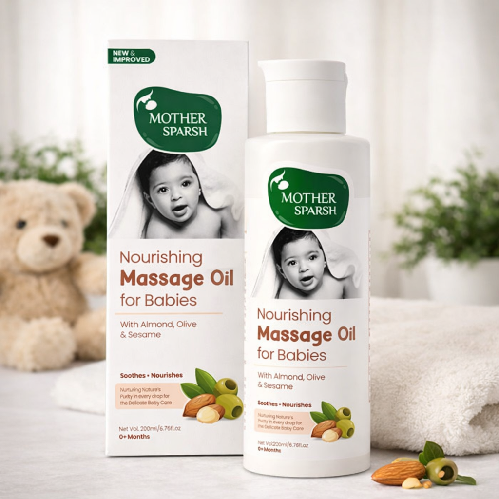 Mother Sparsh Nourishing Massage Oil for Babies with Almond, Olive & Sesame Oil | Quick Absorbing, Non-Sticky | Strengthens Bones & Muscles | 0+ Months