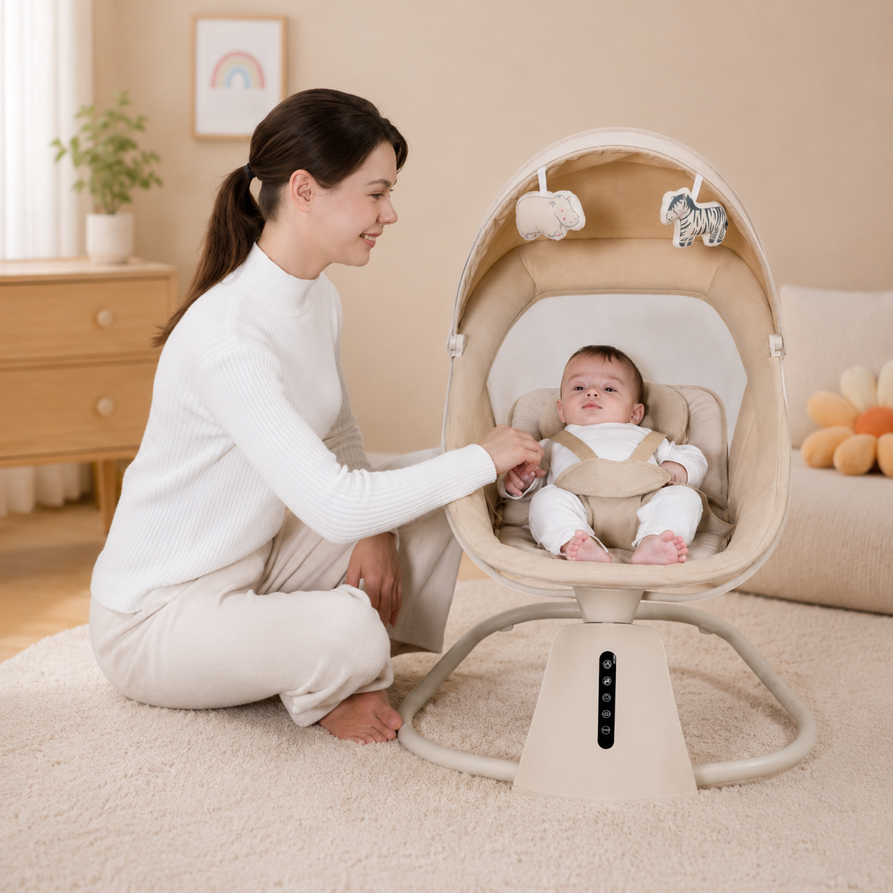 Mastela Aura Deluxe 3-in-1 Electric Baby Swing Chair with Motion Sensor, Automatic Rocking, App Control, Music, Mosquito Net & Canopy | Beige & Grey