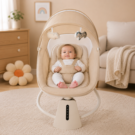 Mastela Aura Deluxe 3-in-1 Electric Baby Swing Chair with Motion Sensor, Automatic Rocking, App Control, Music, Mosquito Net & Canopy | Beige & Grey
