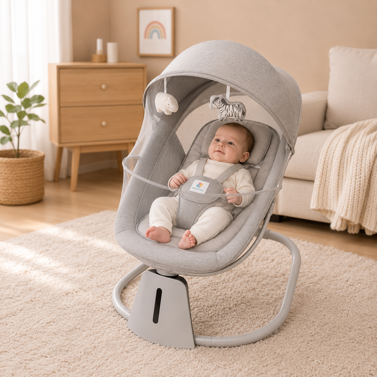 Mastela Aura Deluxe 3-in-1 Electric Baby Swing Chair with Motion Sensor, Automatic Rocking, App Control, Music, Mosquito Net & Canopy | Beige & Grey