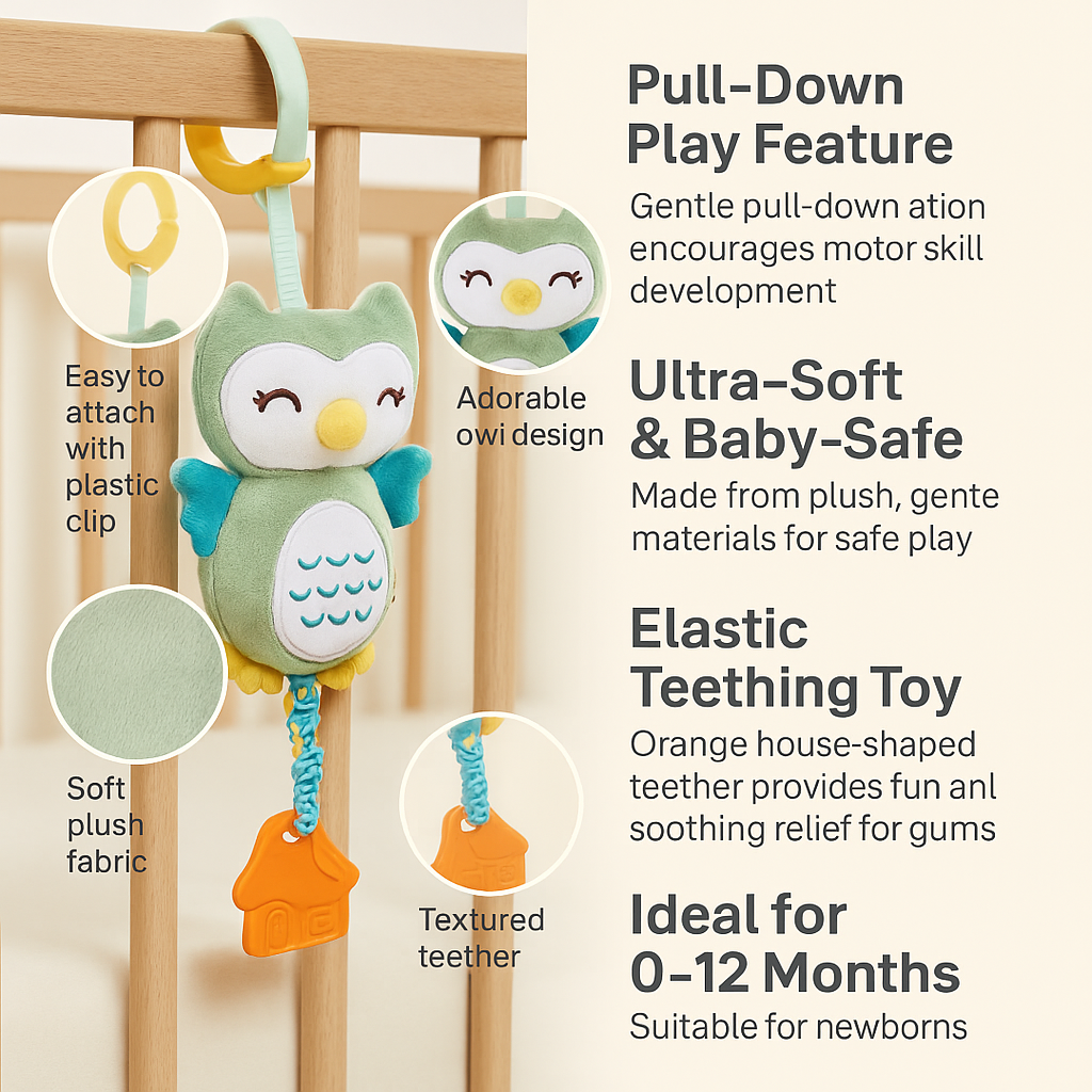 Mami&Baby Soft Owl Plush Hanging Toy – Teether & Pull Toy for Cribs, Car Seats & Strollers | Baby Activity Toy (0–12 Months)
