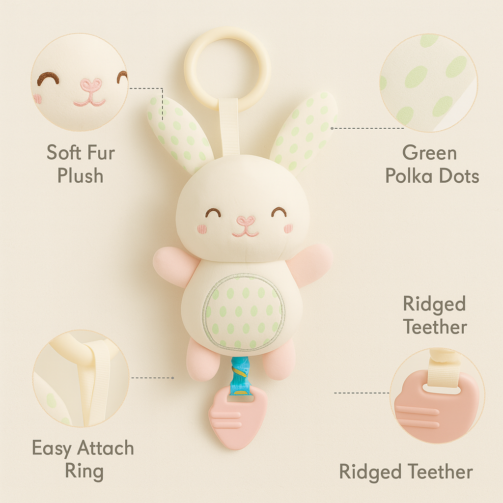 Smile Baby Soft Plush Hanging Bunny Toy – Rattle with Teether | Crib & Stroller Accessory for Babies