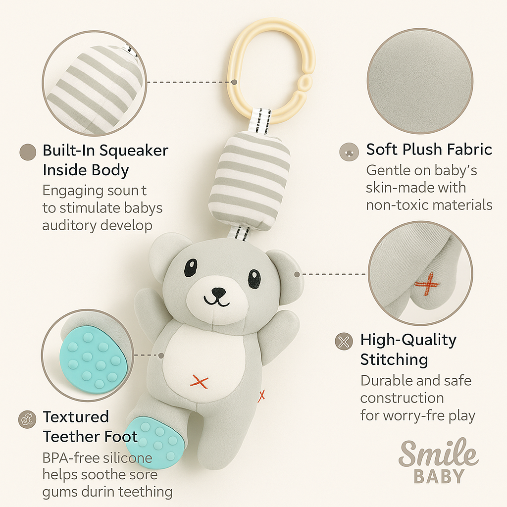 Smile Baby Hanging Bear Plush Toy – With Teether & Clip | Soft & Safe | Cradle, Stroller, Car Seat – 0+ Months