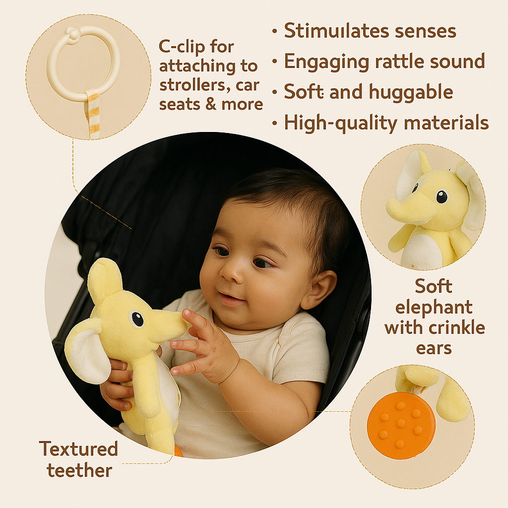 Smile Baby Hanging Elephant Plush Toy with Teether – Soft Yellow | Crib, Stroller & Car Seat Hanging Rattle | 0-12 Months