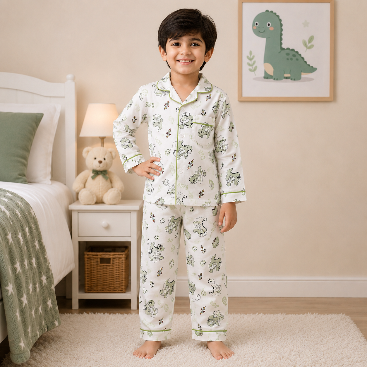 Smile Baby Boys Night Suit, Dinosaur Print Paper Cotton Nightwear Set, Full Sleeve Shirt & Pyjama, Soft Breathable Sleepwear for Boys (18 Months–10 Years)