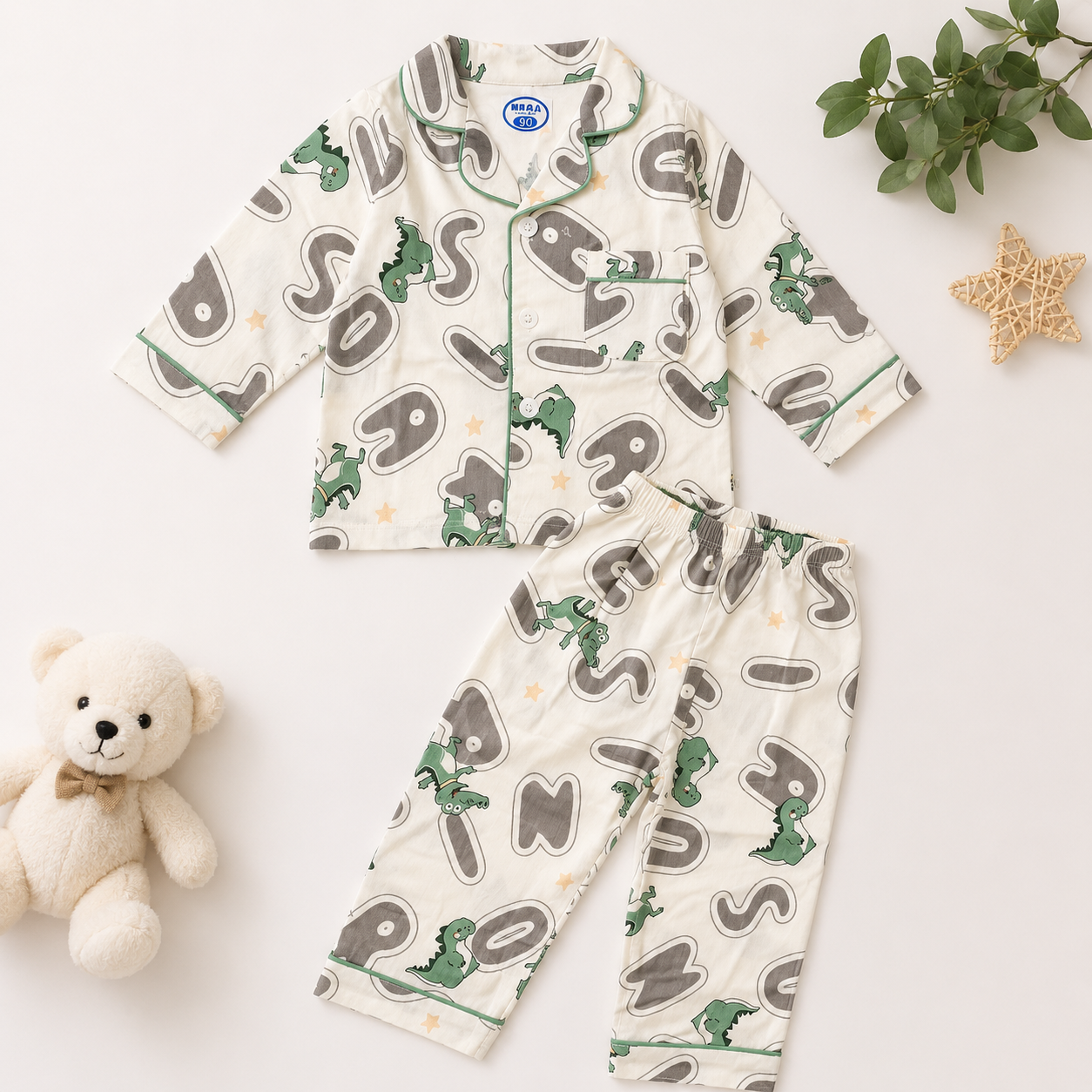 Smile Baby Boys Pajama Set | Dinosaur Alphabet Print Notch Collar Sleepwear | Soft Paper Cotton Nightwear | Sizes 18 Months to 7 Years