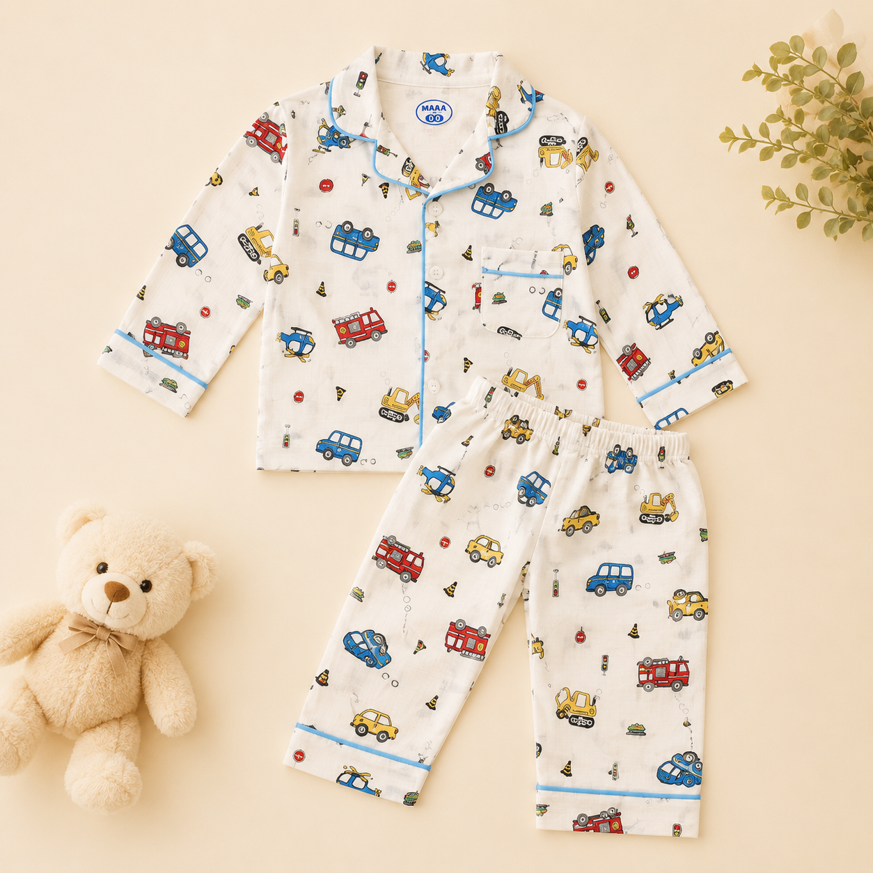 SMILE BABY Kids Night Suit for Boys , Car Truck Print Cotton Nightwear Set, Full Sleeve Shirt & Pyjama, Soft Breathable Kids Sleepwear (18 Months–7 Years)
