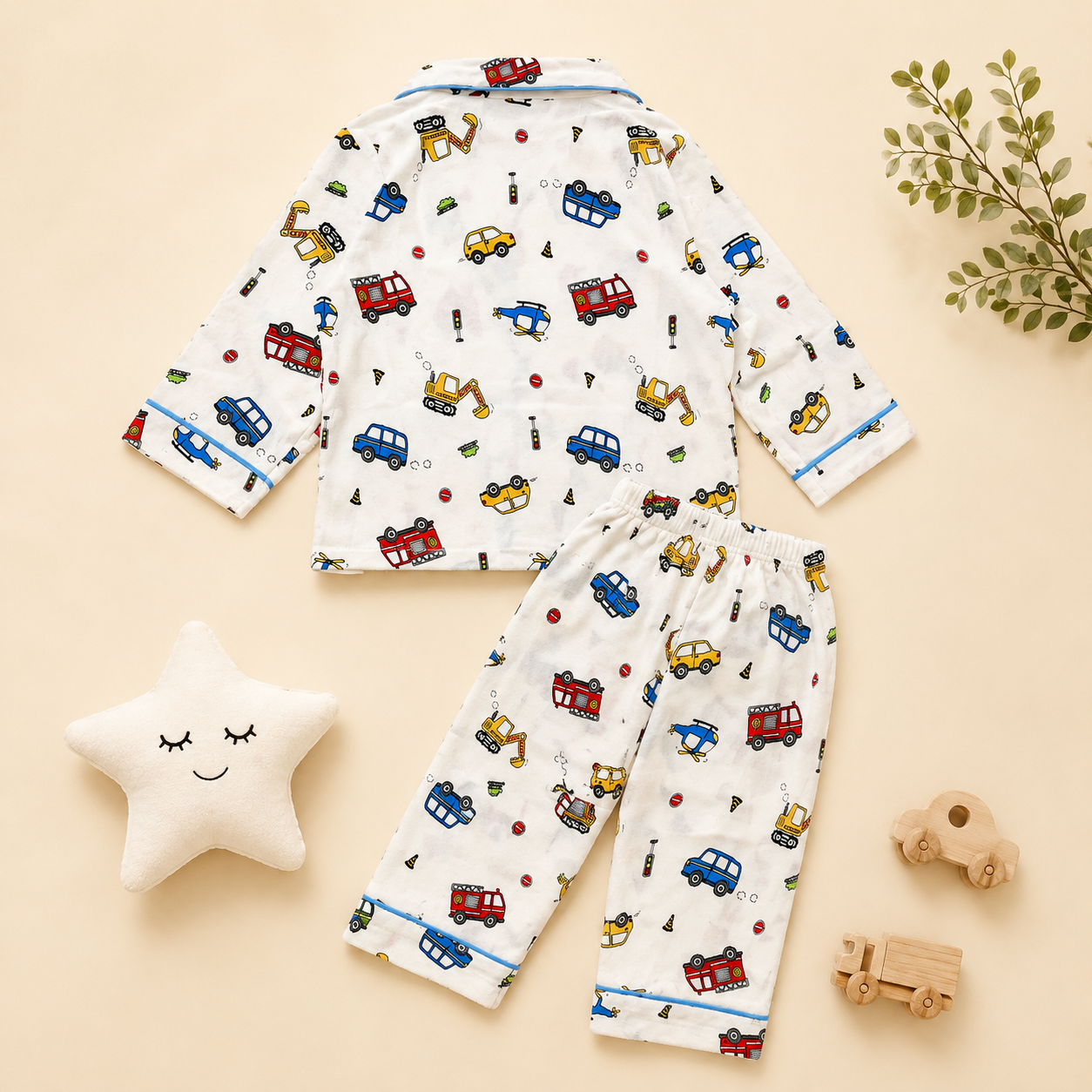 SMILE BABY Kids Night Suit for Boys , Car Truck Print Cotton Nightwear Set, Full Sleeve Shirt & Pyjama, Soft Breathable Kids Sleepwear (18 Months–7 Years)