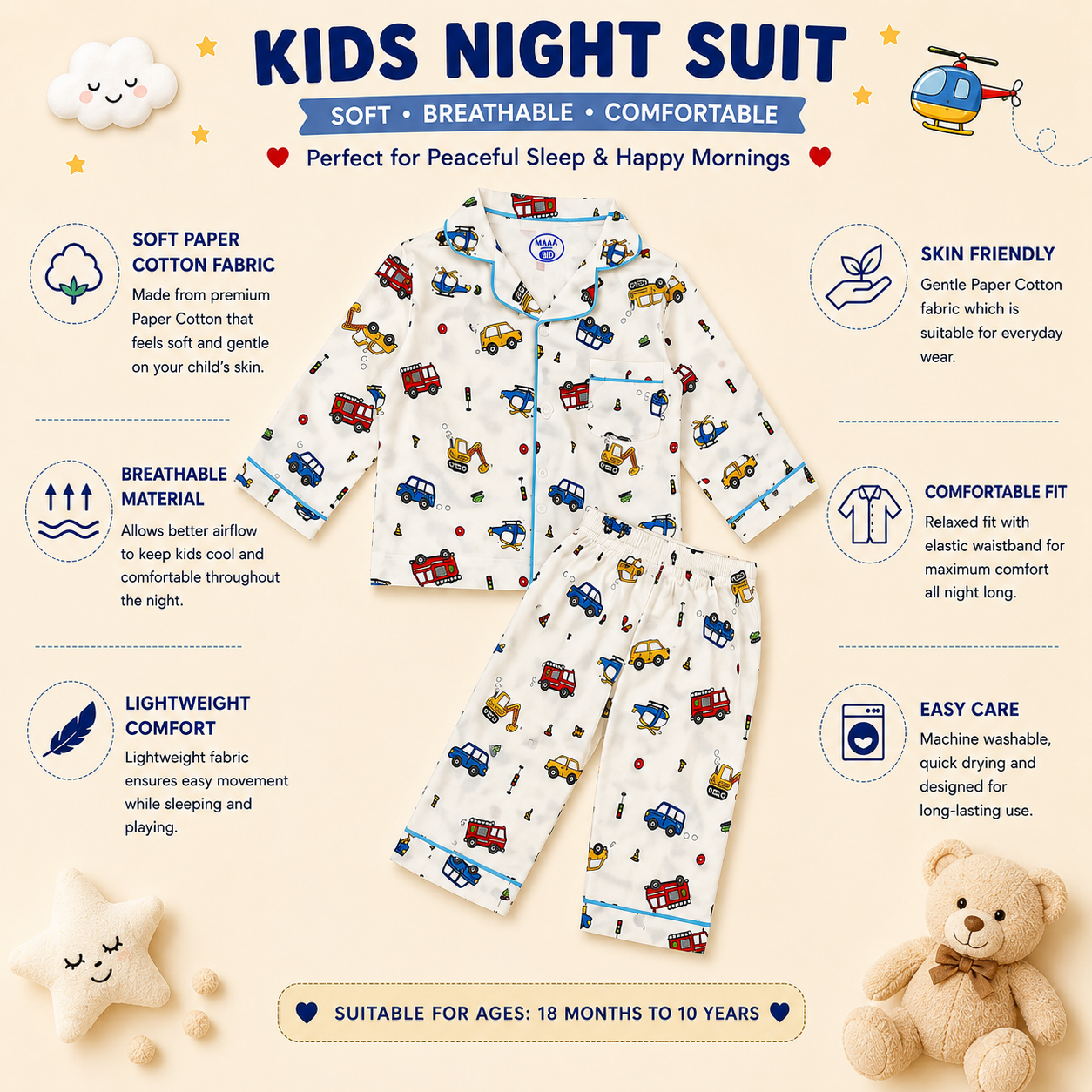 SMILE BABY Kids Night Suit for Boys , Car Truck Print Cotton Nightwear Set, Full Sleeve Shirt & Pyjama, Soft Breathable Kids Sleepwear (18 Months–7 Years)