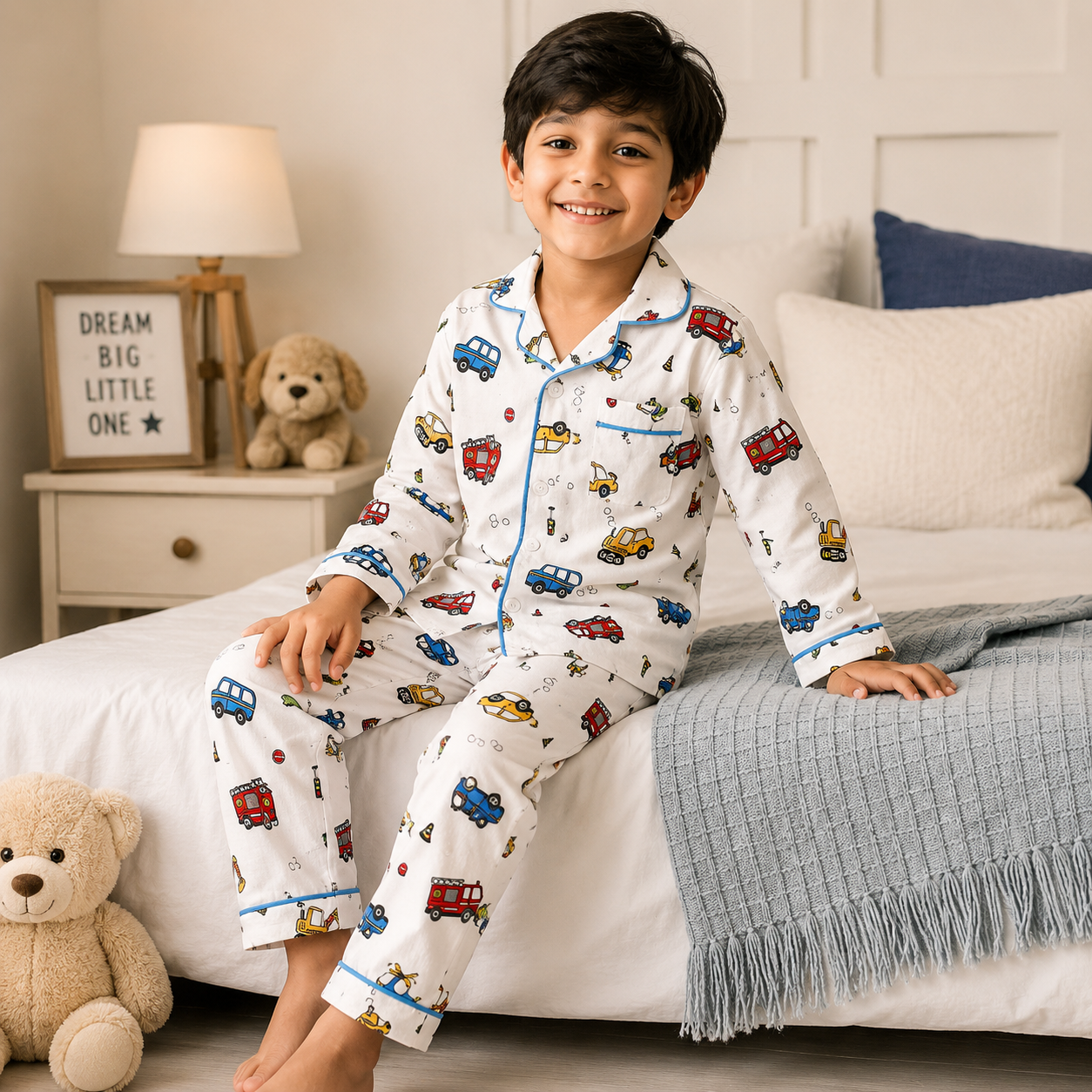 SMILE BABY Kids Night Suit for Boys , Car Truck Print Cotton Nightwear Set, Full Sleeve Shirt & Pyjama, Soft Breathable Kids Sleepwear (18 Months–7 Years)